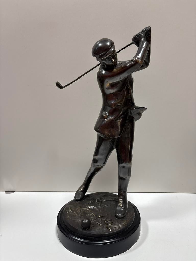 Bronzen beeld van golfspeler, Ophalen of Verzenden, Brons, 20 - 50 cm, Op sokkel