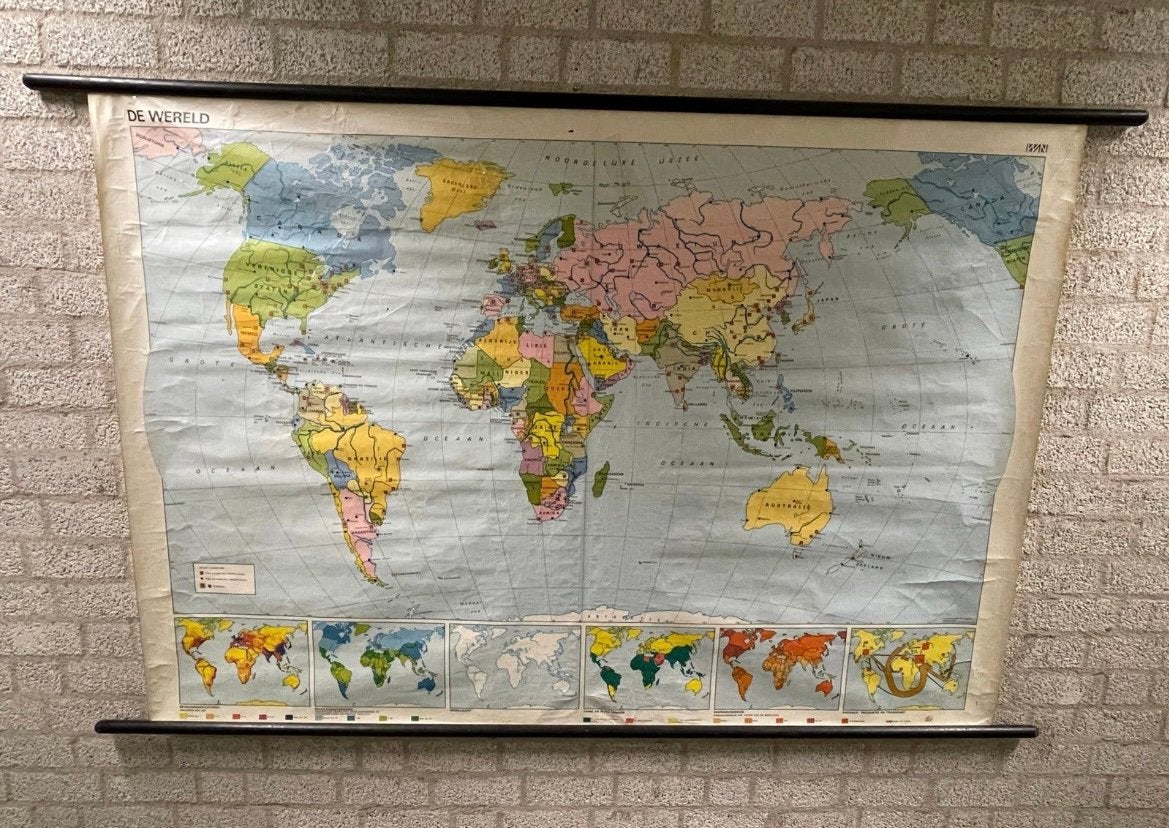 Vintage Wereldkaart op Rol 140x200 - Decoratieve Schoolkaart, Ophalen of Verzenden, Aardrijkskunde