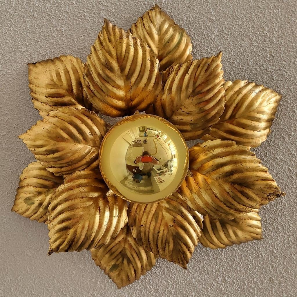 Masca lamp met bladgoud Italiaanse vintage bladeren goud, Ophalen of Verzenden, Metaal, Vintage design hollywood regency mid century goud barok