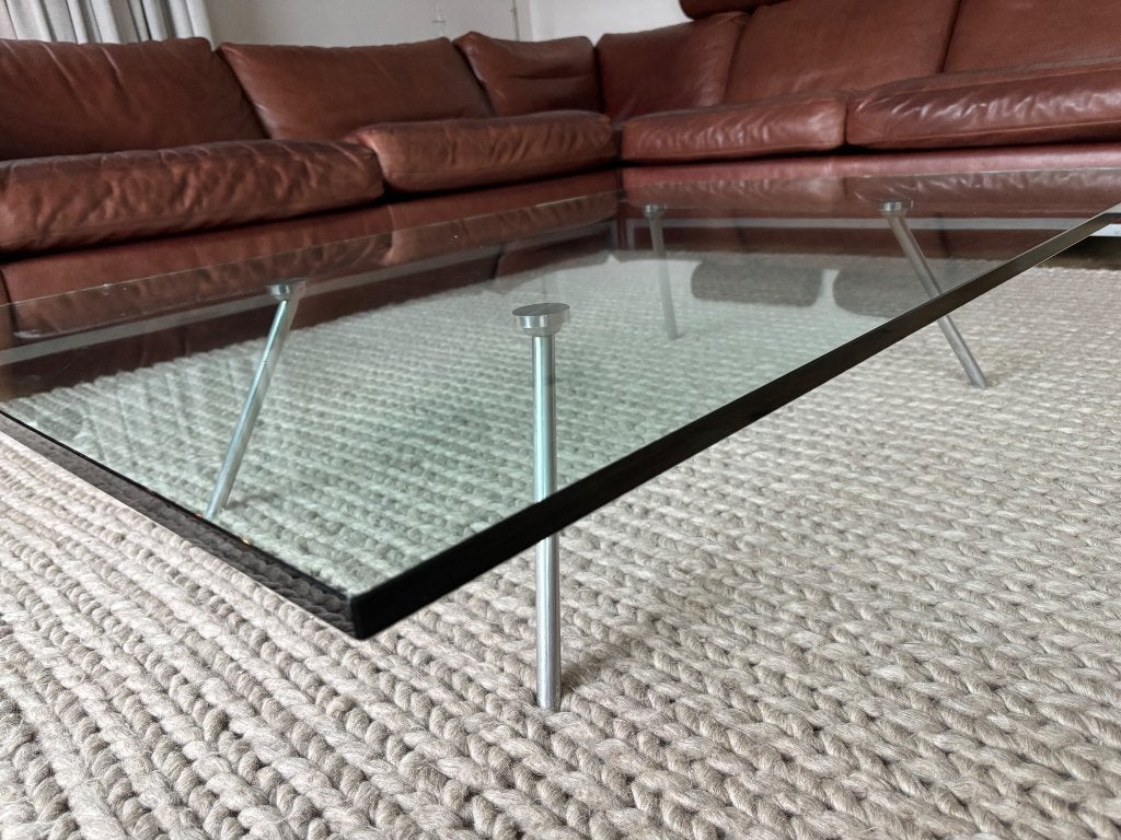 Mooie strakke glazen salontafel Maupertuus, design Henk Vos, Huis en Inrichting, Ophalen, 100 tot 150 cm, 50 tot 100 cm, Zo goed als nieuw