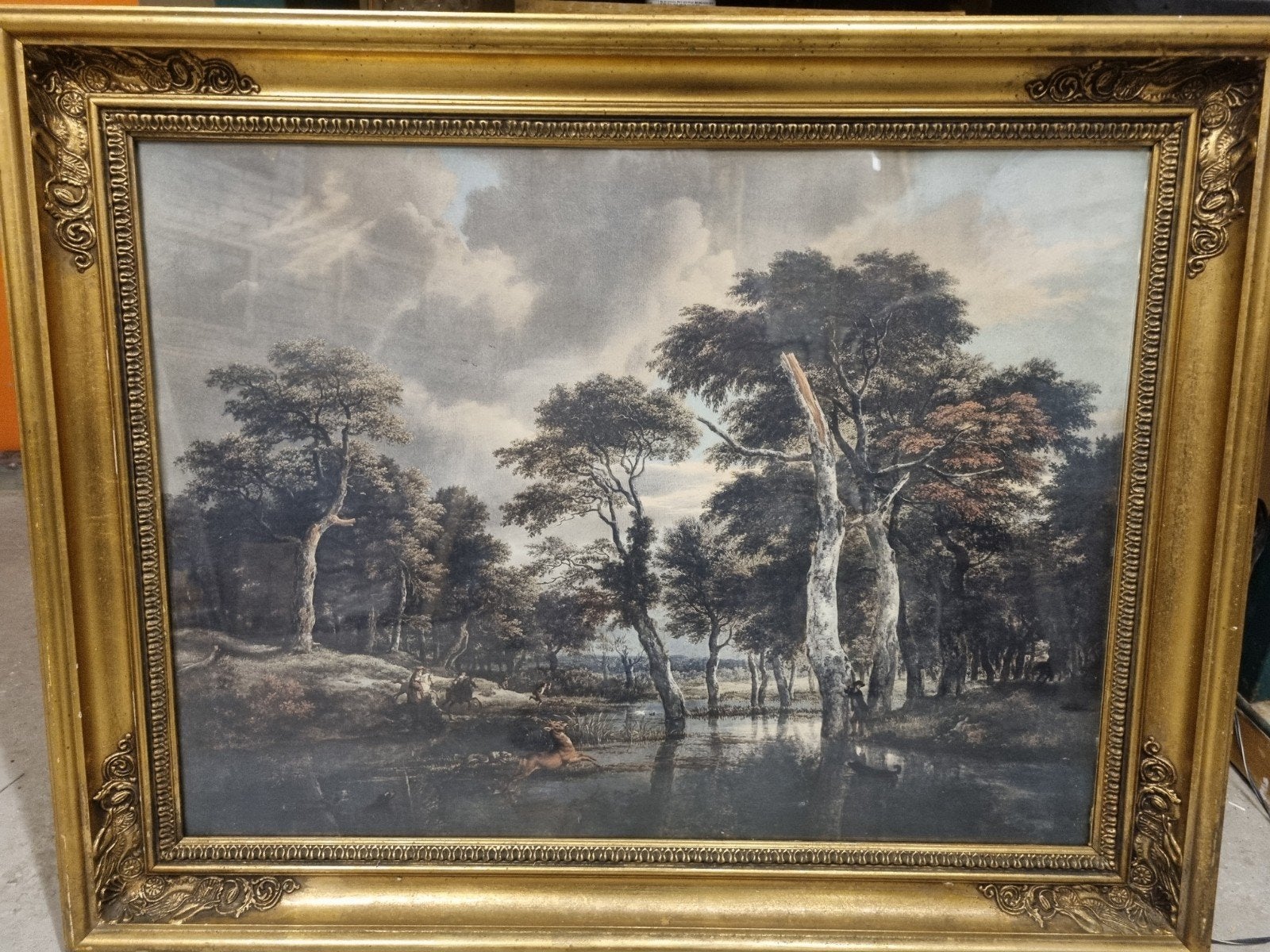 Hertenjacht in bos - Klassiek schilderij met lijst, Antiek en Kunst, Dieren, Ophalen of Verzenden, Klassiek, Print