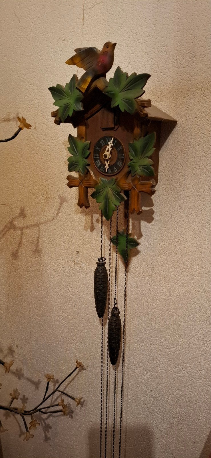 Vintage Koekoeksklok met Bladeren en Vogel, Antiek en Kunst, Ophalen of Verzenden