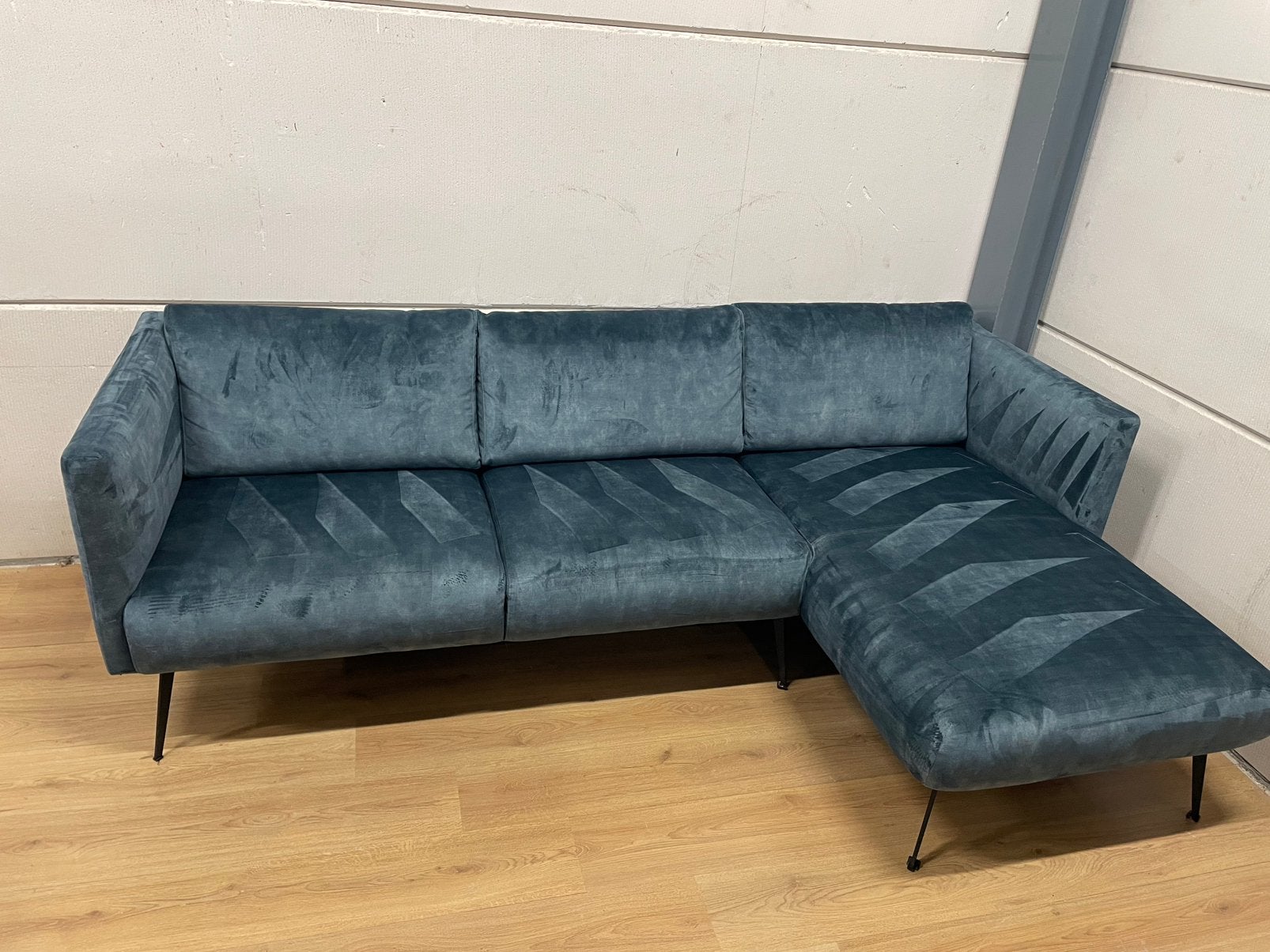Mooie luxe velvet velours blauw groene hoekbank - GEREINIGD!, Ophalen, 125 tot 150 cm, Luxe, Hoekbank