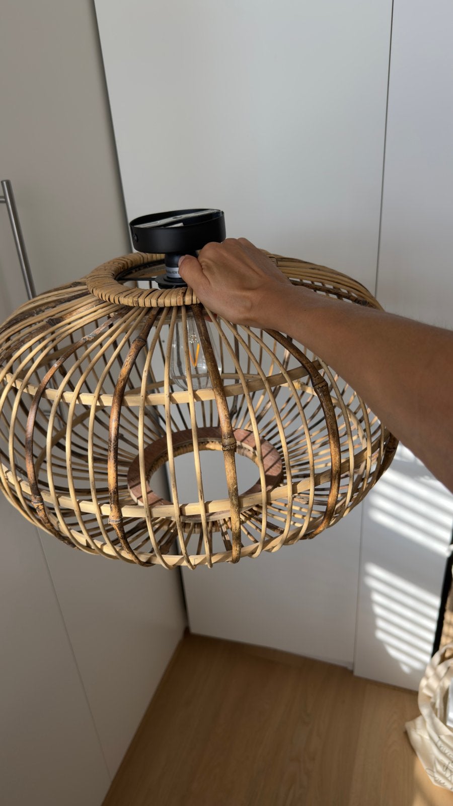 Bamboe/rotan plafondlamp Boreas E27 fitting, Ophalen, Gebruikt, Natuurlijk materiaal, E27 (groot)