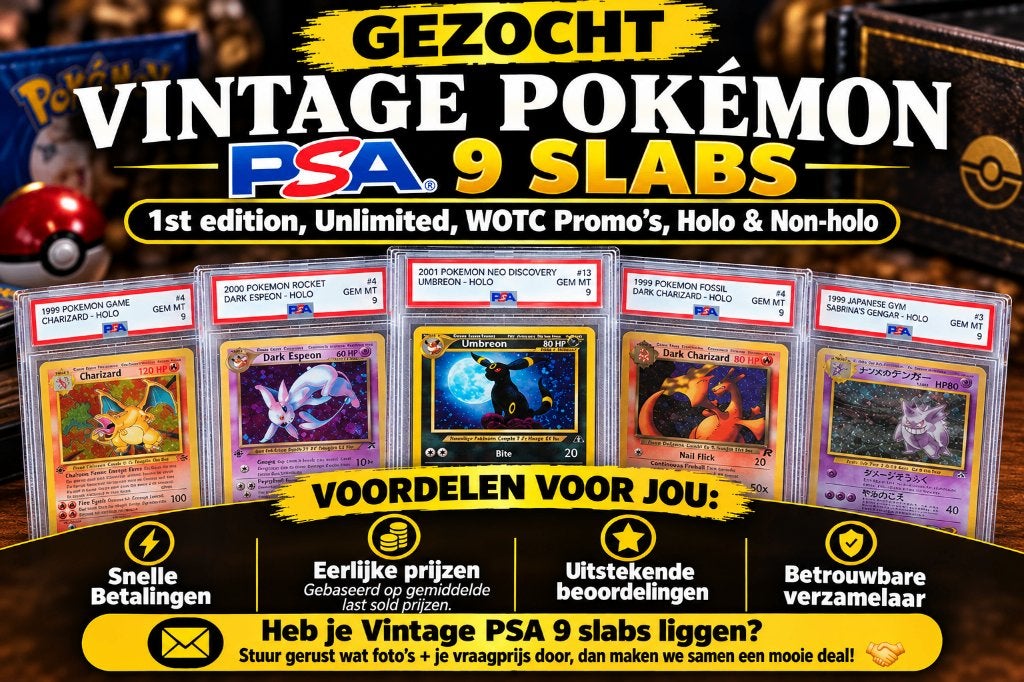 Gezocht: Vintage Pokémon PSA 9 Slabs, Hobby en Vrije tijd, Ophalen of Verzenden, Zo goed als nieuw, Meerdere kaarten