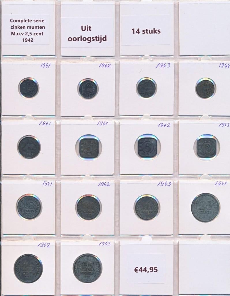 Nederland complete set zinken munten 1941-1944 Wilhelmina