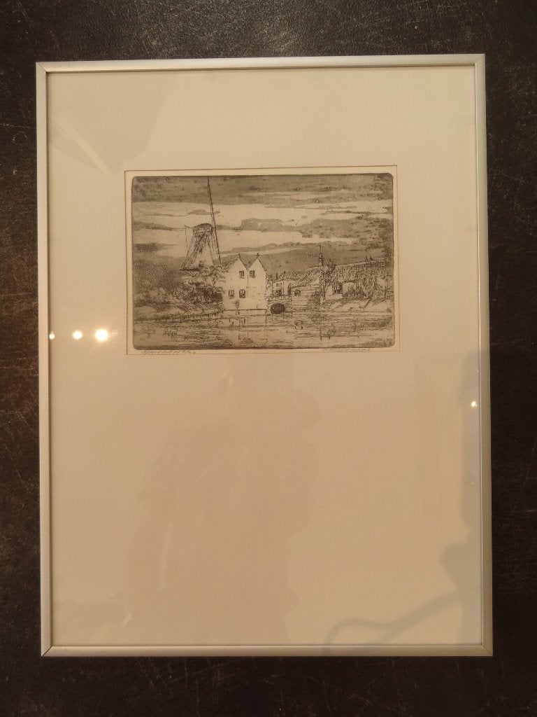 Ets in lijst Schiedam met molen, Piet Rozendaal, nr.6-40, Gesigneerd, Stadsgezicht, Ophalen of Verzenden, 1950 - 1999