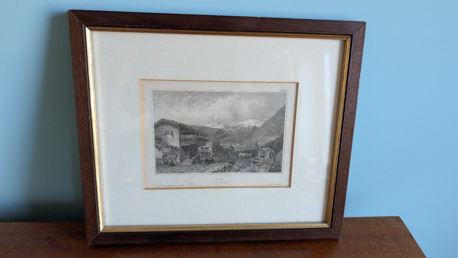 Brieg in der Schweiz“ 19e-eeuwse staalgravure of ets, Antiek en Kunst, 26 cm, Ets, Ophalen of Verzenden, Ingelijst