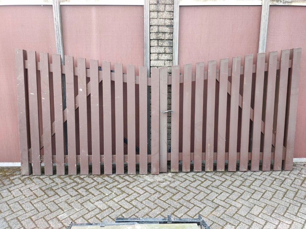 degelijke hardhouten dubbele draaipoort, doorgang 422cm, Tuin en Terras, Tuinpoorten, Ophalen, Hout, Draaipoort, 150 tot 200 cm