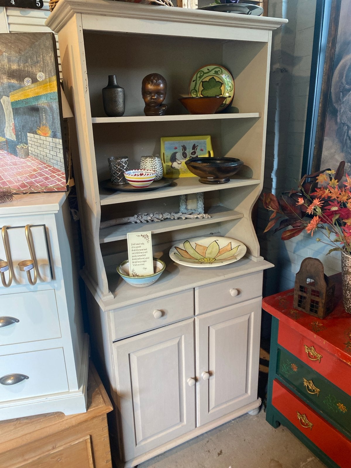 Buffetkast taupe 2-delig met lades en deuren, Huis en Inrichting, Kasten | Buffetkasten, Ophalen, Gebruikt, 50 tot 100 cm, Met lade(s)