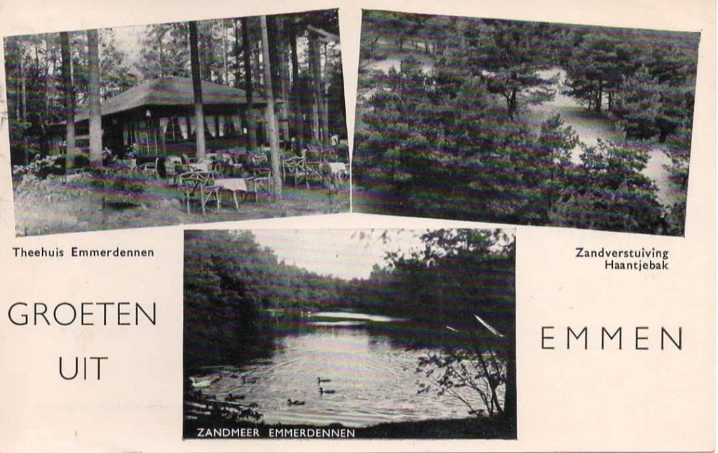 Ansichtkaart Emmen, 3-luik, theehuis, zandmeer, Ophalen of Verzenden, 1960 tot 1980, Gelopen, Drenthe