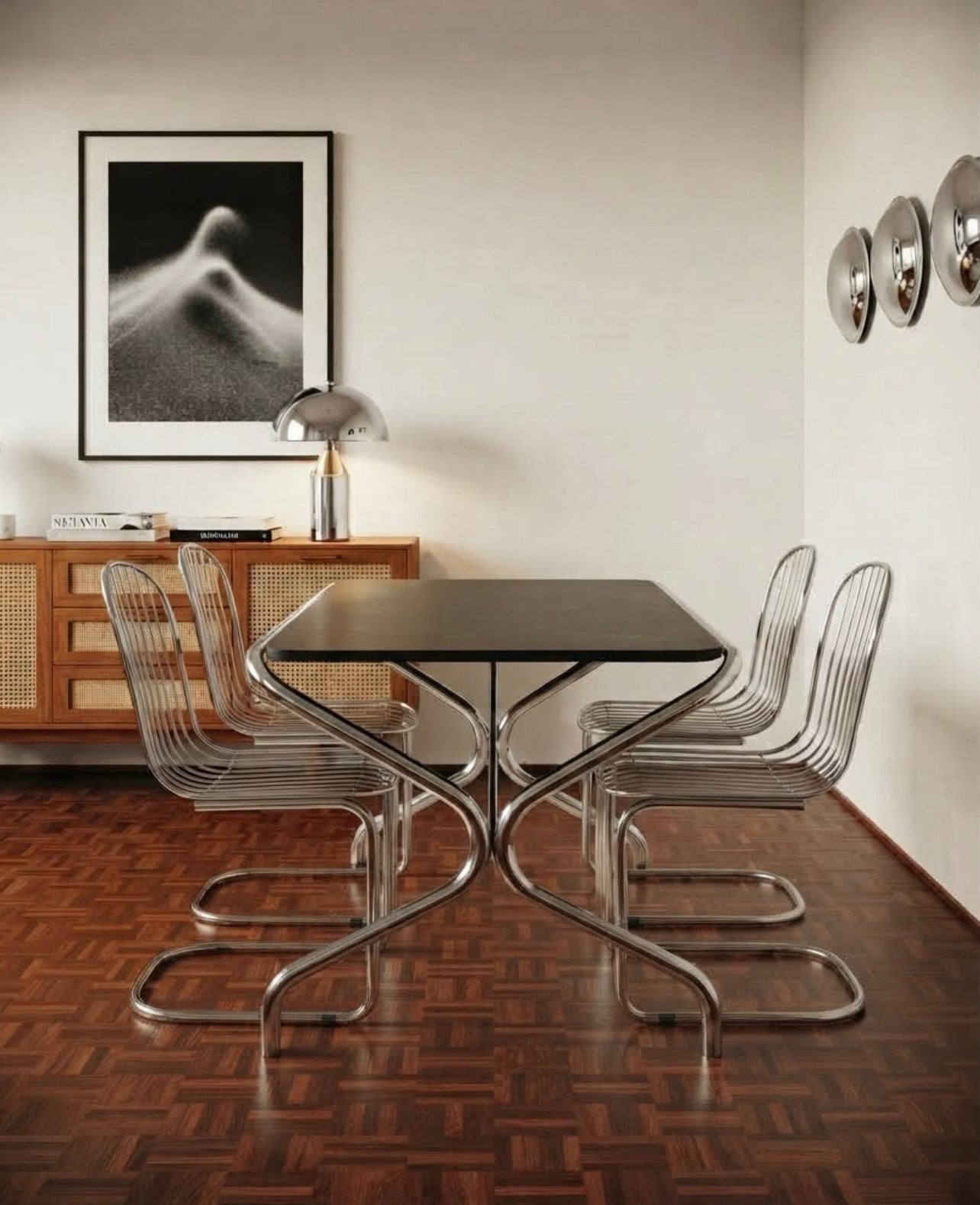 Vintage chromen draadstoelen en tafel ((Rinaldi stijl), Ophalen, Gebruikt, Vier