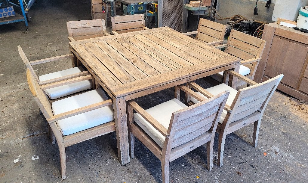 Teakhouten Tuinset Tafel en 8 stoelen en All Weather kussens, Tuin en Terras, Tuinsets en Loungesets, Ophalen, Gebruikt, Teakhout