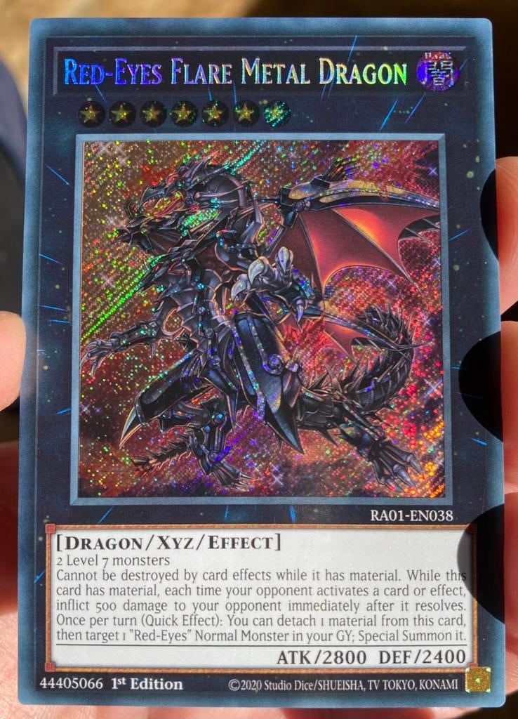 Yu-Gi-Oh! Red-Eyes Flare Metal Dragon RA01 1st Edition !, Ophalen of Verzenden, Zo goed als nieuw, Losse kaart, Foil