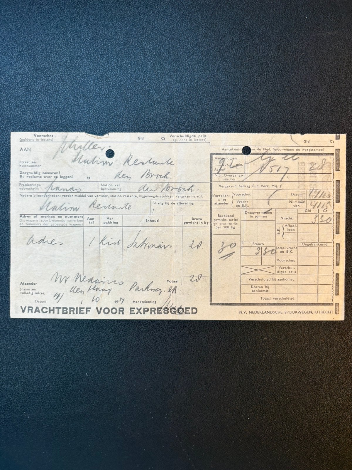 Vrachtbrief GVR - HT / kist goederen (1954), Verzamelen, Ophalen of Verzenden, Gebruikt, Trein