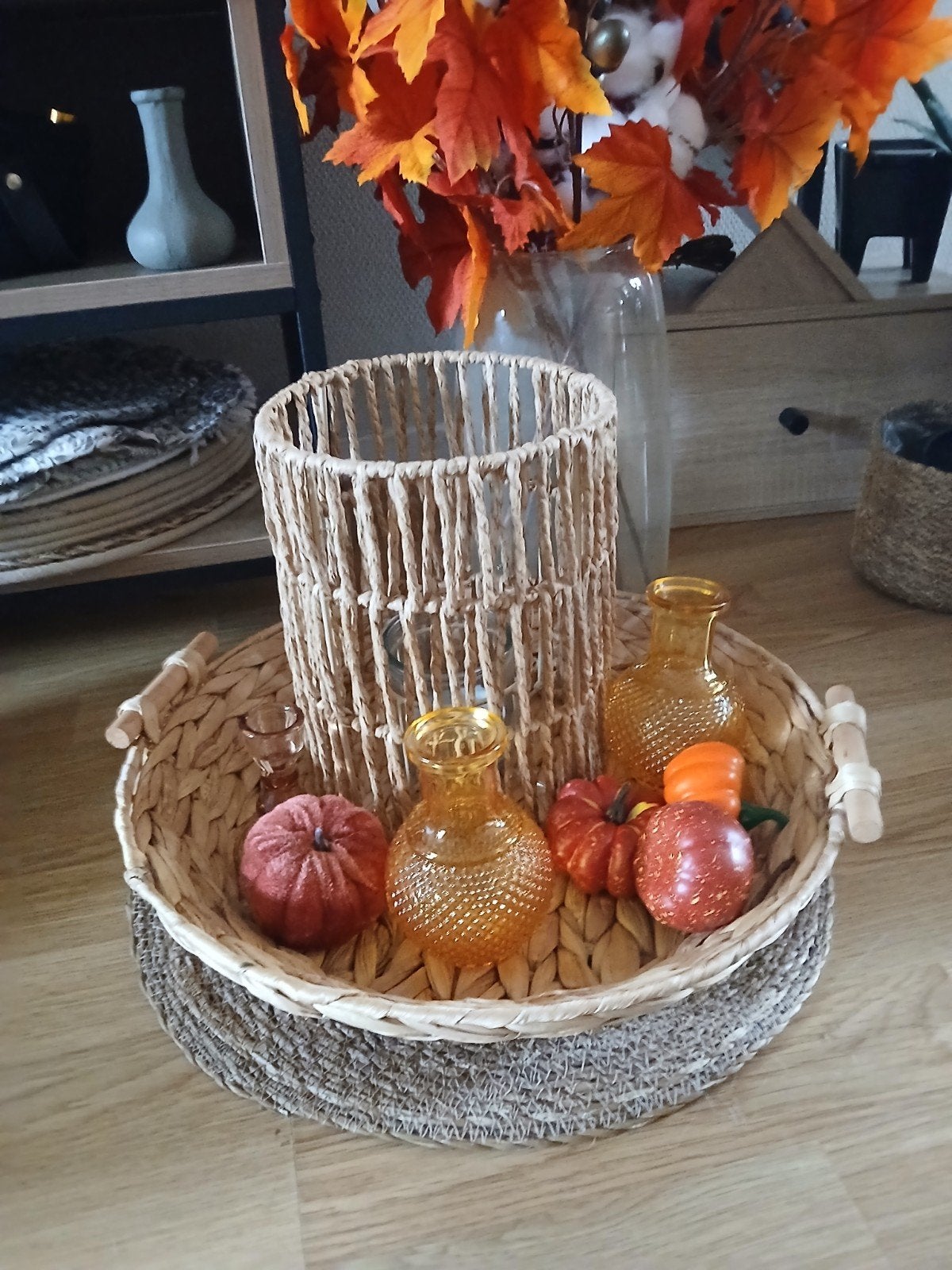 groot dienblad rotan en windlicht groot, Ophalen of Verzenden, Zo goed als nieuw, Rond, Riet