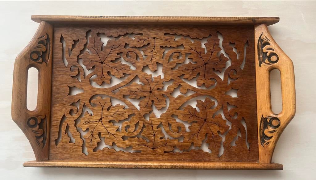 Vintage houten dienblad met bladmotief, Ophalen