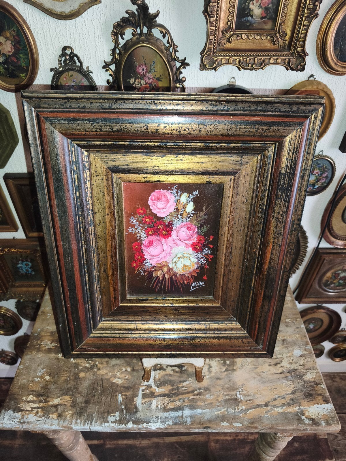 Olieverf schilderijtje olieverfschilderijtje bloemen U32, Antiek en Kunst, Ophalen of Verzenden