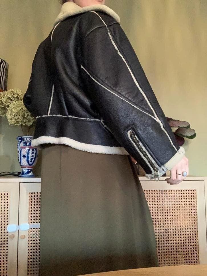 Vintage cropped lammy coat S M bomberjack gevoerd, -, Zwart, -, Ophalen of Verzenden