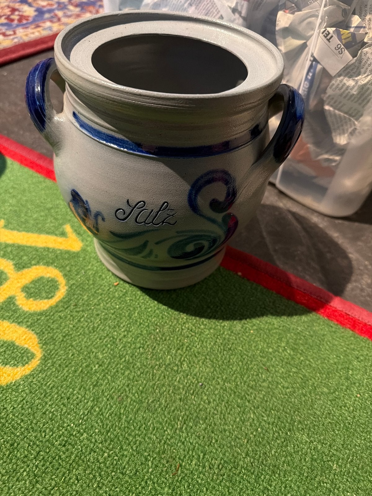 Vintage zoutpot van aardewerk met blauwe decoratie, Ophalen