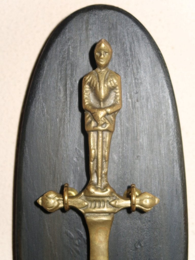 vintage koperen briefopener, antiek ridder zwaard wandbordje, Ophalen of Verzenden