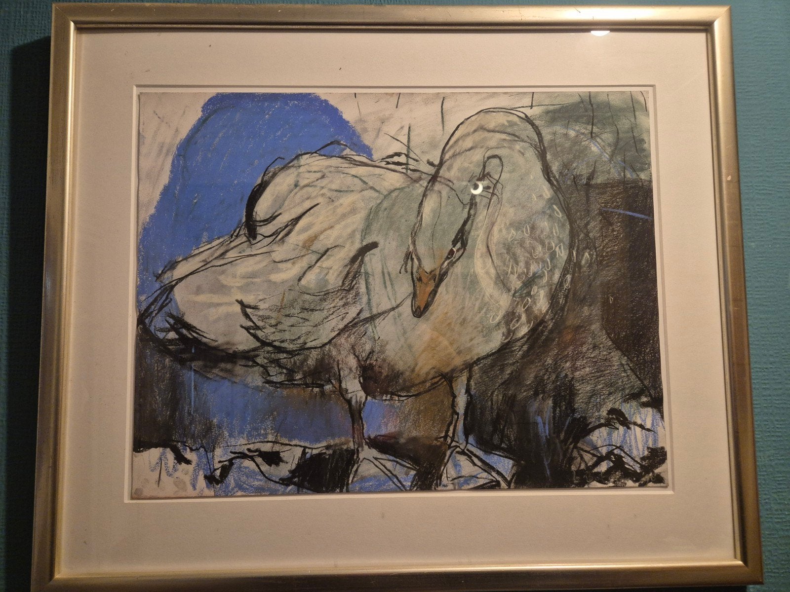 Ingelijste zwaan tekening - Potlood en pastel, Ophalen of Verzenden