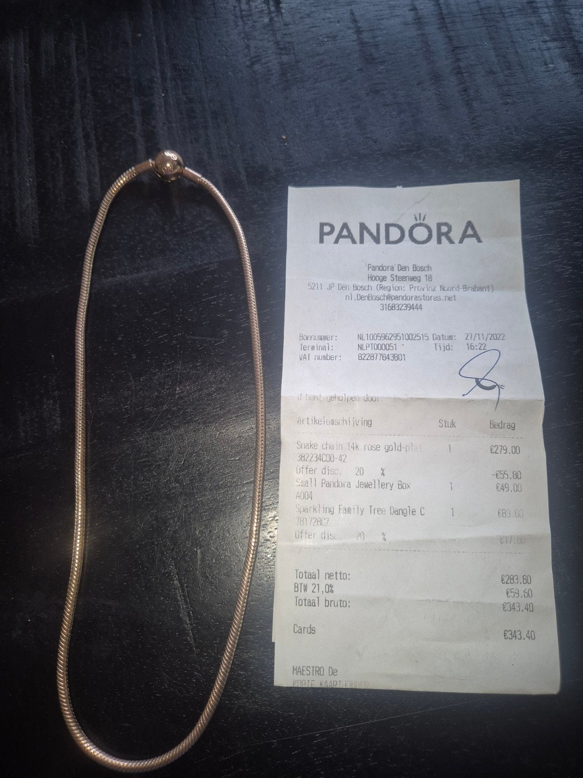 Pandora Snake Chain Ketting 14k Roségoud-verguld, Ophalen of Verzenden, Zo goed als nieuw, Overige kleuren, Overige materialen