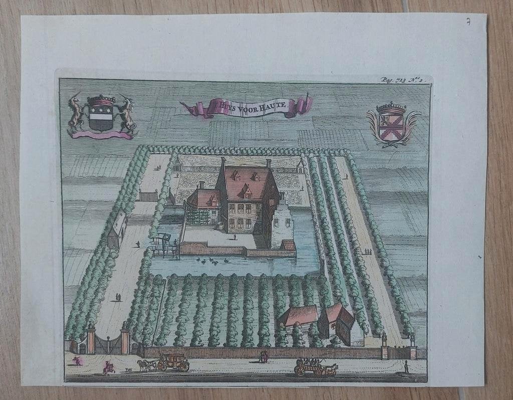 7 / Huis voor Haute bij Baarland gekleurde gravure uit 1696, Antiek en Kunst, Ophalen of Verzenden