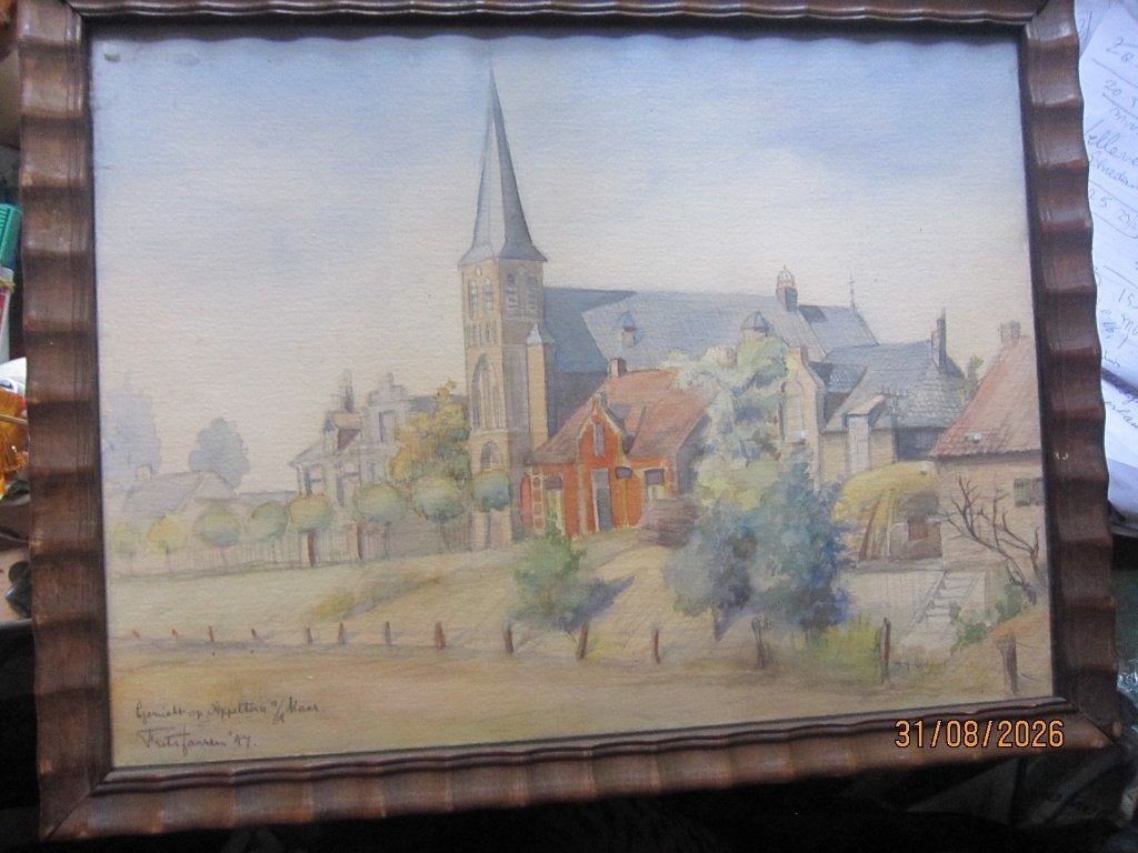 FRITS JANSEN, 1916(Scheen),aquar/Pastel Appeltern a/d MAAS, Ophalen, Expressionistisch, Aquarel, Landschap