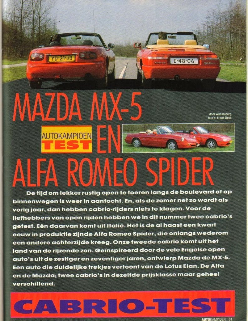 Autokampioen dubbeltest Alfa Spider en Mazda MX-5 1990, Ophalen of Verzenden, Gelezen, Mazda