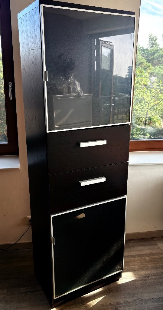 Hoge kast / vitrinekast zwart - 192,5 cm, Ophalen, Met lade(s), Eikenhout, 50 tot 100 cm