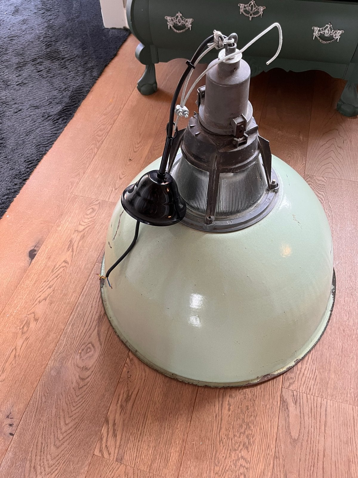 Vintage industriële lamp, emaille, groen, Ophalen