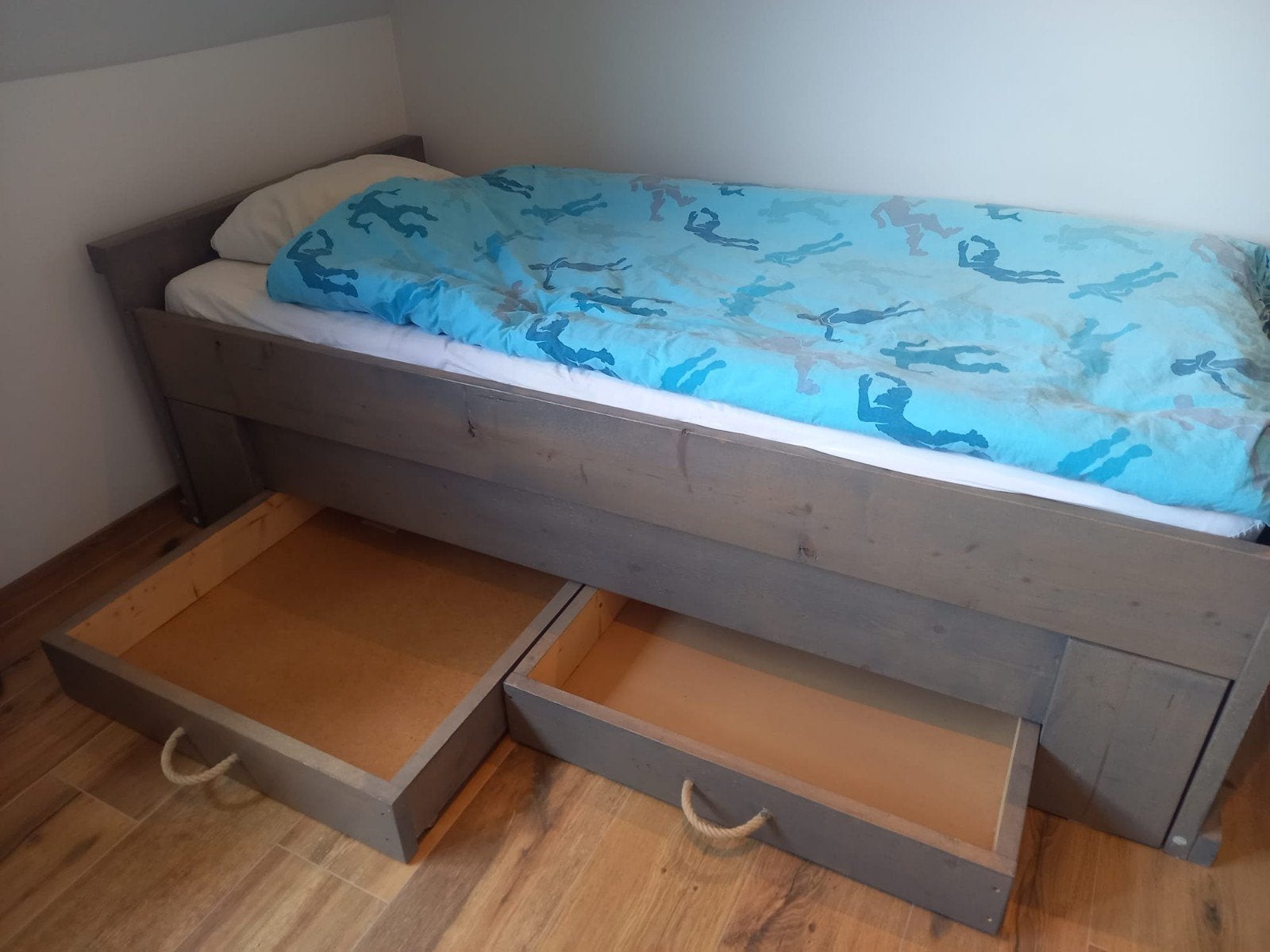 Steigerhouten bed met 2 grote lades en logeerbed, Ophalen, Gebruikt, 90 cm, 200 cm