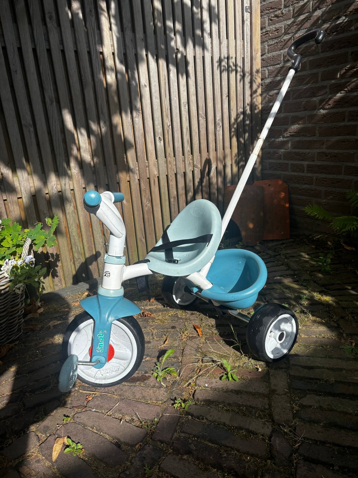 Smoby driewieler met duwstang - Blauw, Ophalen, Gebruikt, Duwstang