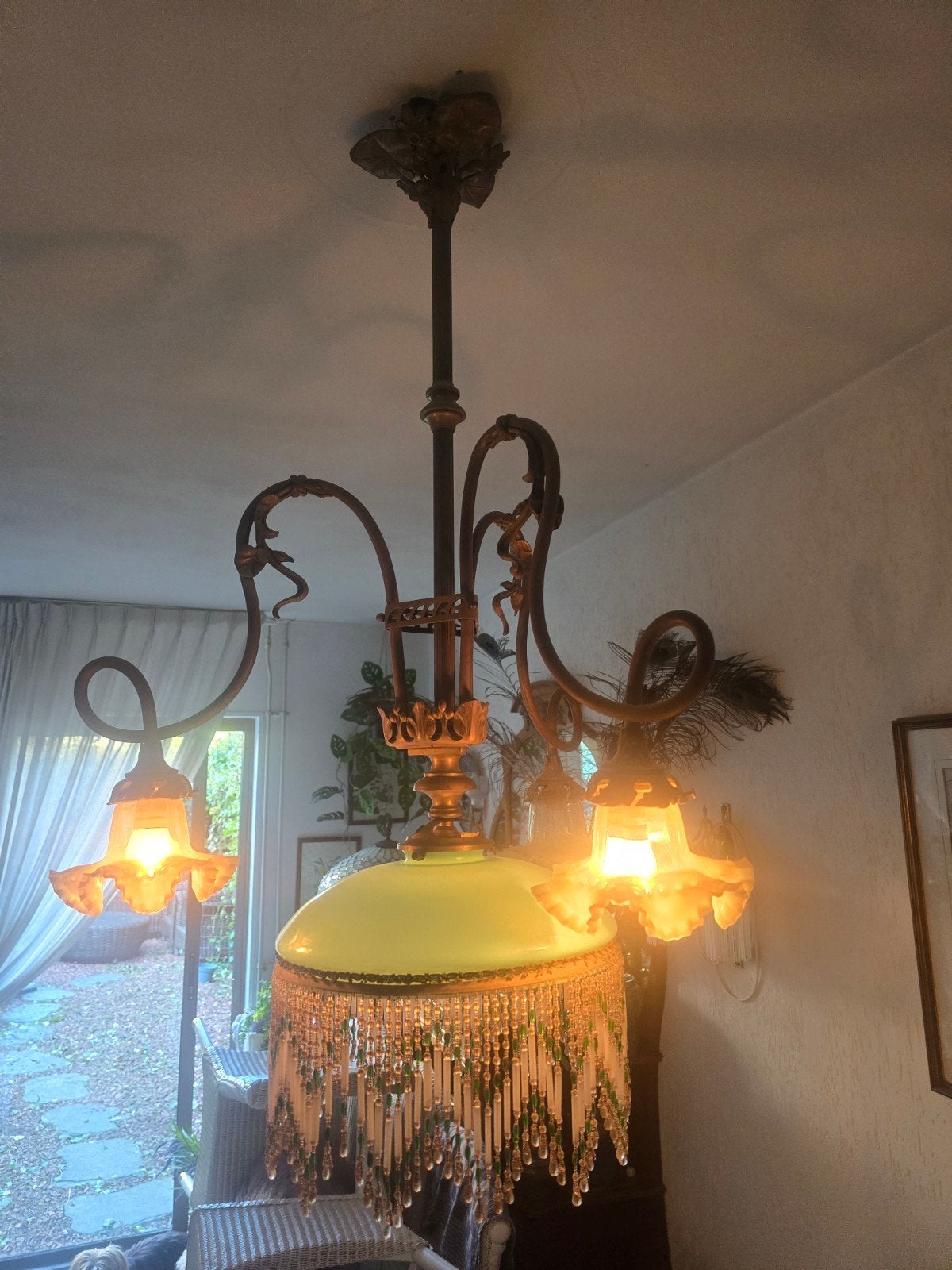Antieke Art Nouveau Kroonluchter met Glazen Kralen, Antiek en Kunst, Ophalen