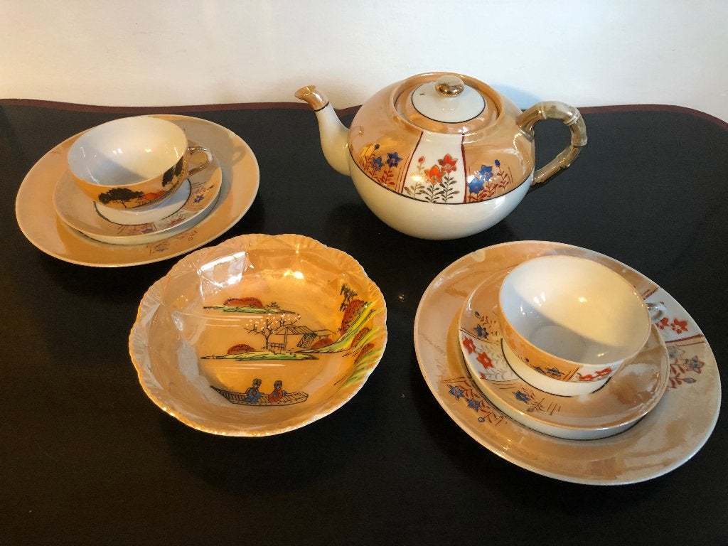 Japans theeservies oranje glanzend eierschaal porselein, Antiek en Kunst, Ophalen of Verzenden