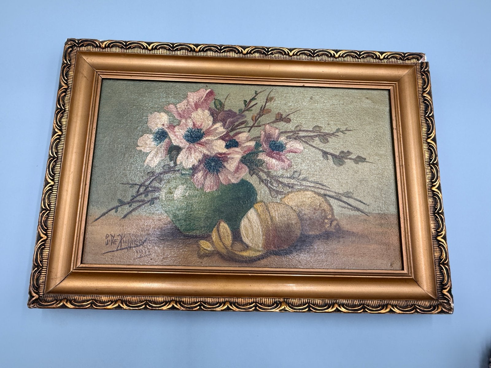 Stilleven met bloemen en fruit, gesigneerd en gedateerd 1927, Paneel, Gedateerd, Stilleven, Ophalen of Verzenden