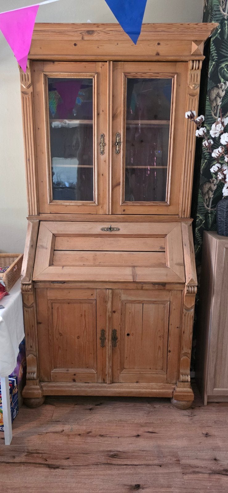 Landelijke grenen secretaire/buffetkast, 2-delig, Ophalen, Gebruikt