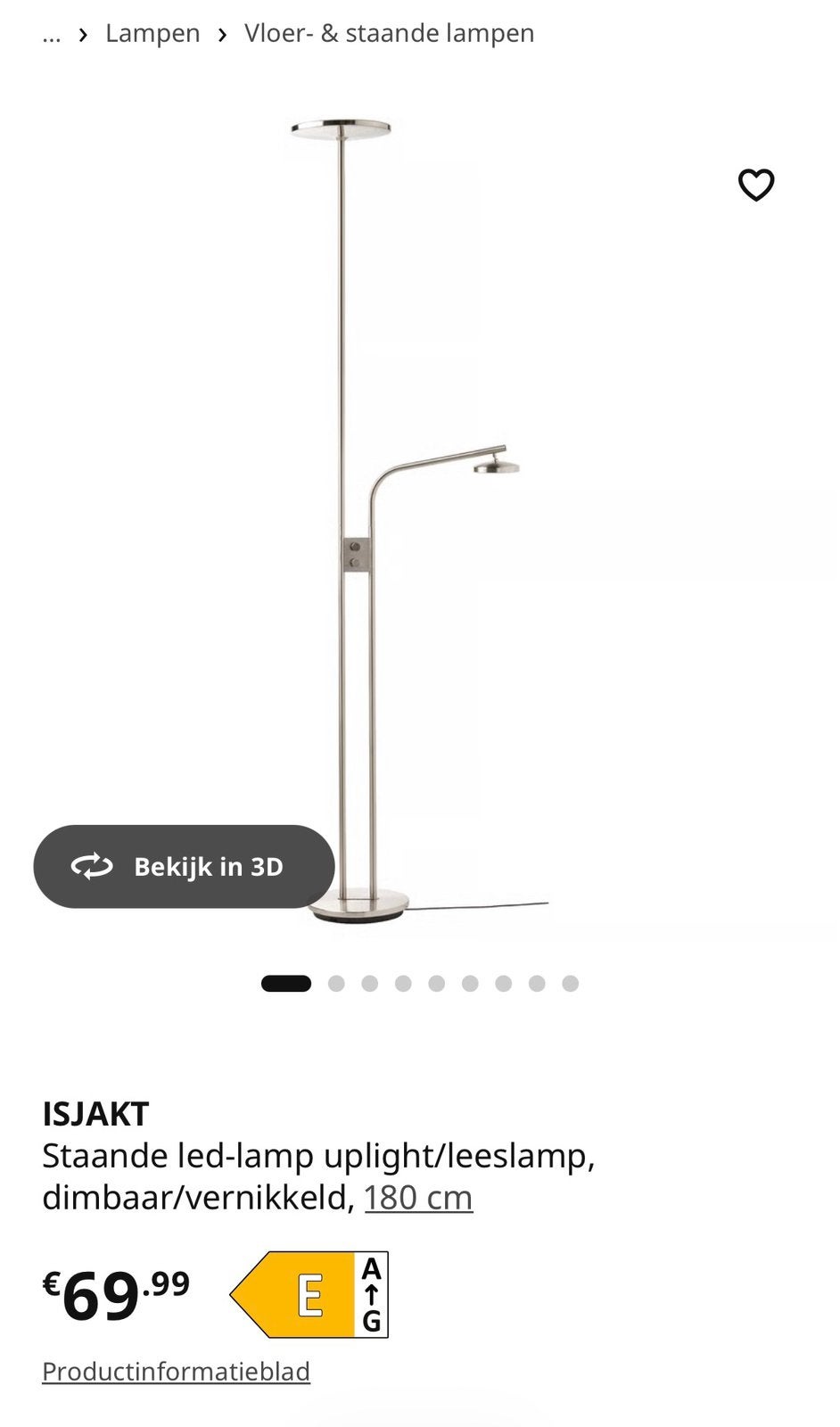 IKEA ISJAKT staande LED-lamp, Ophalen, Zo goed als nieuw, 150 tot 200 cm