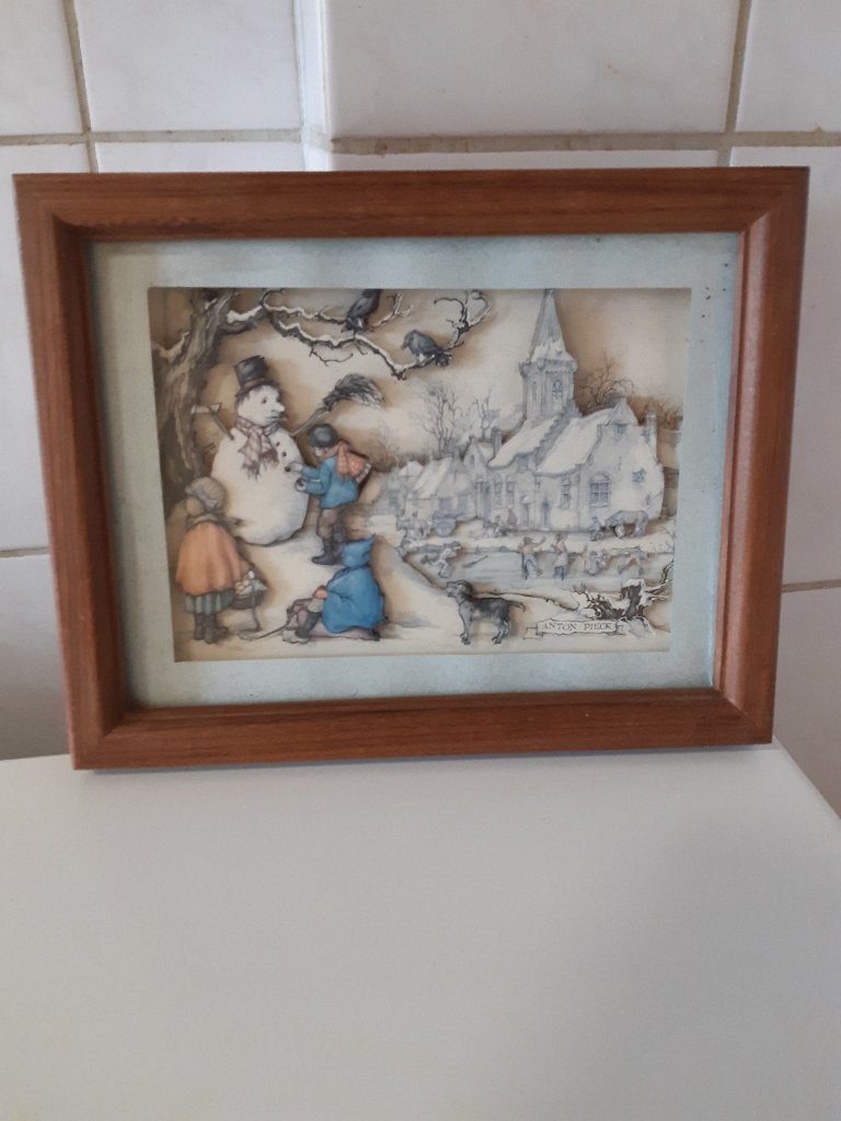 Prachtig Handgemaakt Anton Pieck 3D Schilderij (Winter), Ingelijst, 1950 - 1999, Overige technieken, Ophalen of Verzenden