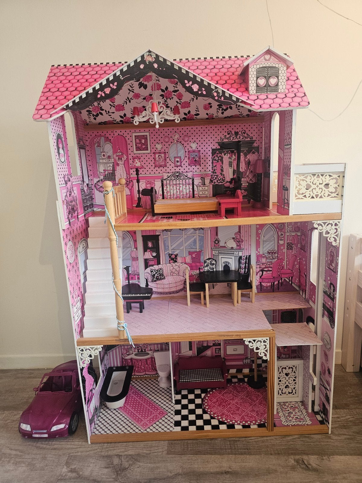 Groot Roze Poppenhuis met Meubels, Kinderen en Baby's, Ophalen, Gebruikt, Poppenhuis