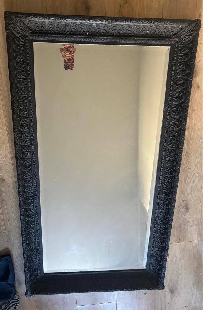 Grote zwarte spiegel met sierlijke lijst, Ophalen, Gebruikt, 75 tot 100 cm, 150 tot 200 cm
