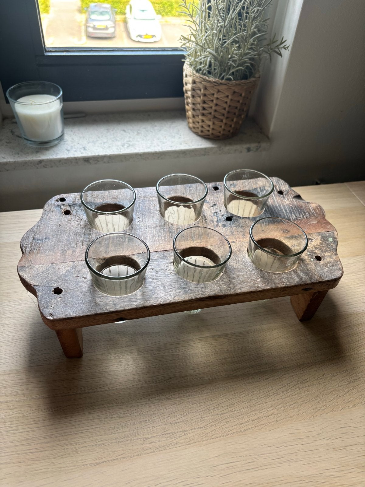 Vintage Indiase chai-houder met 6 glaasjes - Teak hout, Ophalen, Gebruikt, Bruin, Vintage