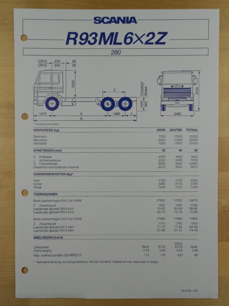 Scania R93 6x2 1990 Technische Specificatie Brochure R 93, Verzenden, Zo goed als nieuw, Overige merken, Scania