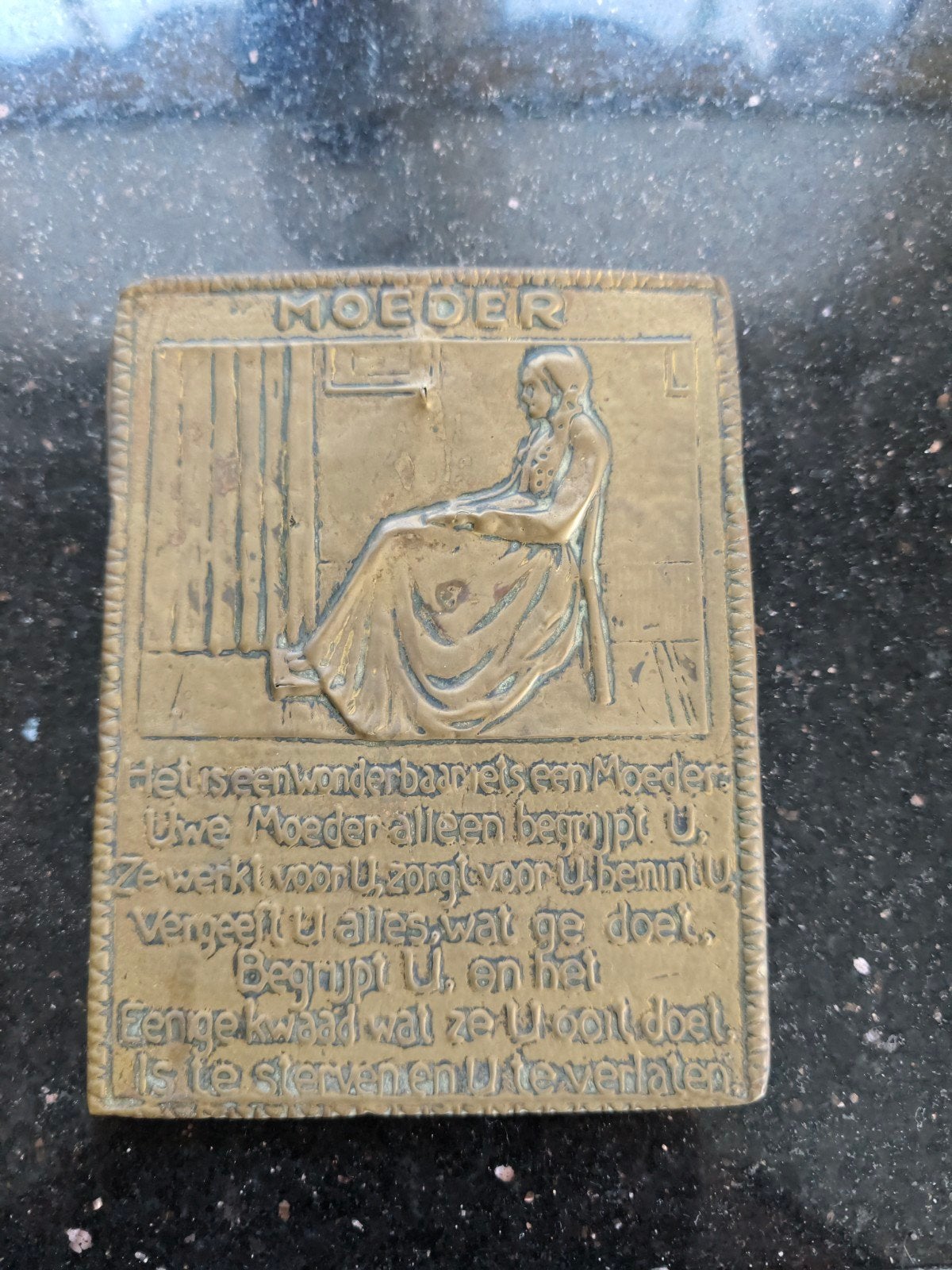 Vintage Koperen Plaat 'Moeder' met Reliëf en Tekst, Ophalen of Verzenden, Koper