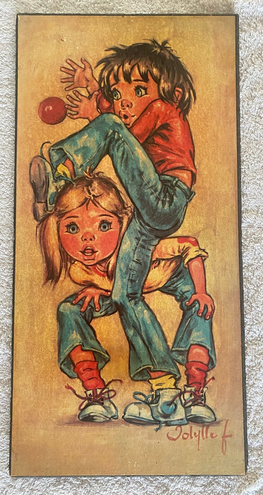 Vintage 'Big Eyes' paneel van Jolylle (Idylle Falconi), Antiek en Kunst, Kunst | Schilderijen | Modern, Verzenden, Hout, Gesigneerd
