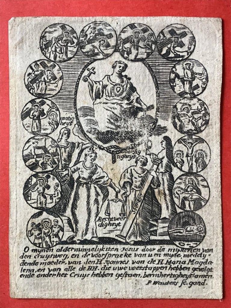 18e Gravure P. Wauters Gand Kruisweg, Antiek en Kunst, Origineel, 7 cm, Religie, 9 cm