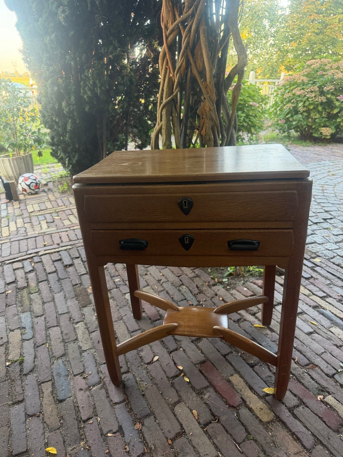 Eiken dames-naaitafel/toilettafel met opklapbare spiegel, Ophalen of Verzenden