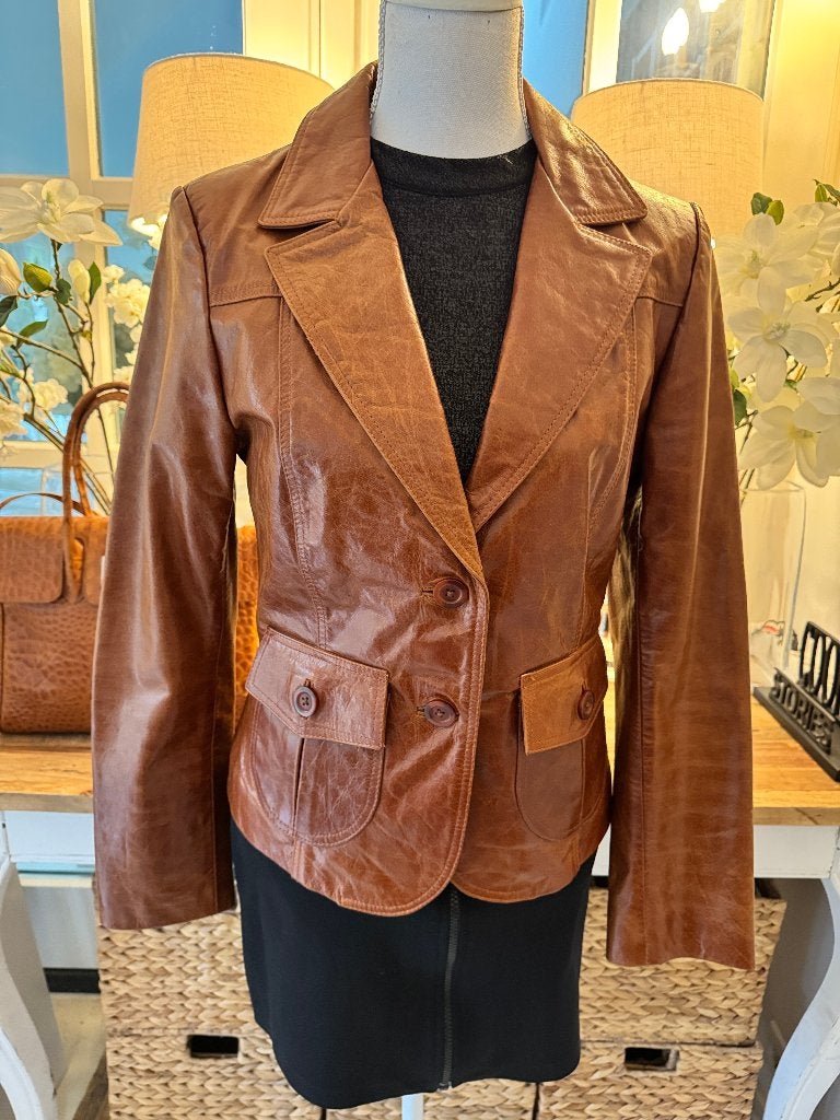Nieuw, leren Cognac-Camel jasje American Base, 36/S, NIEUW., Verzenden, Nieuw, Maat 36 (S), Bruin
