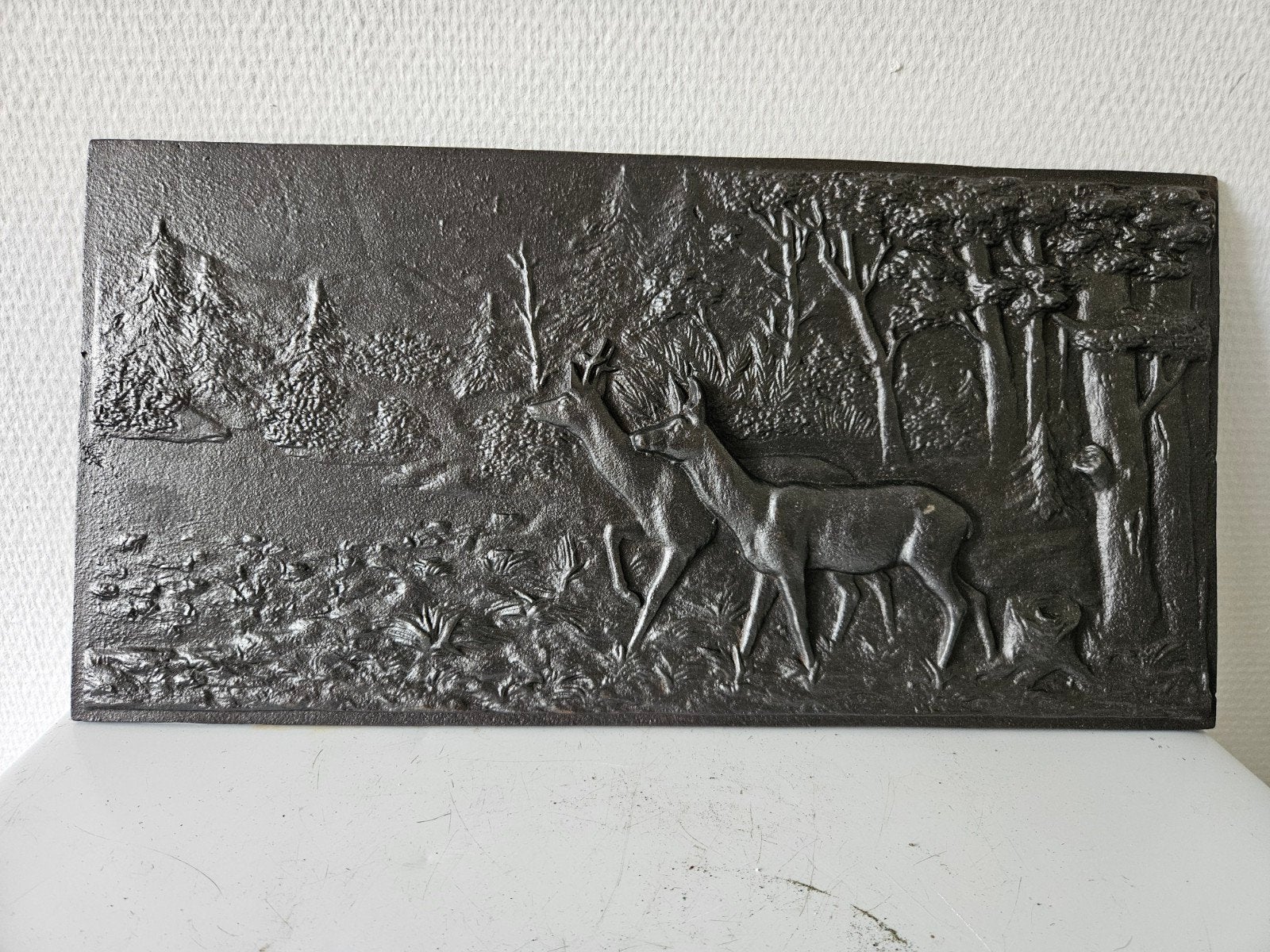 Gietijzeren haardplaat met herten in bos, Ophalen of Verzenden
